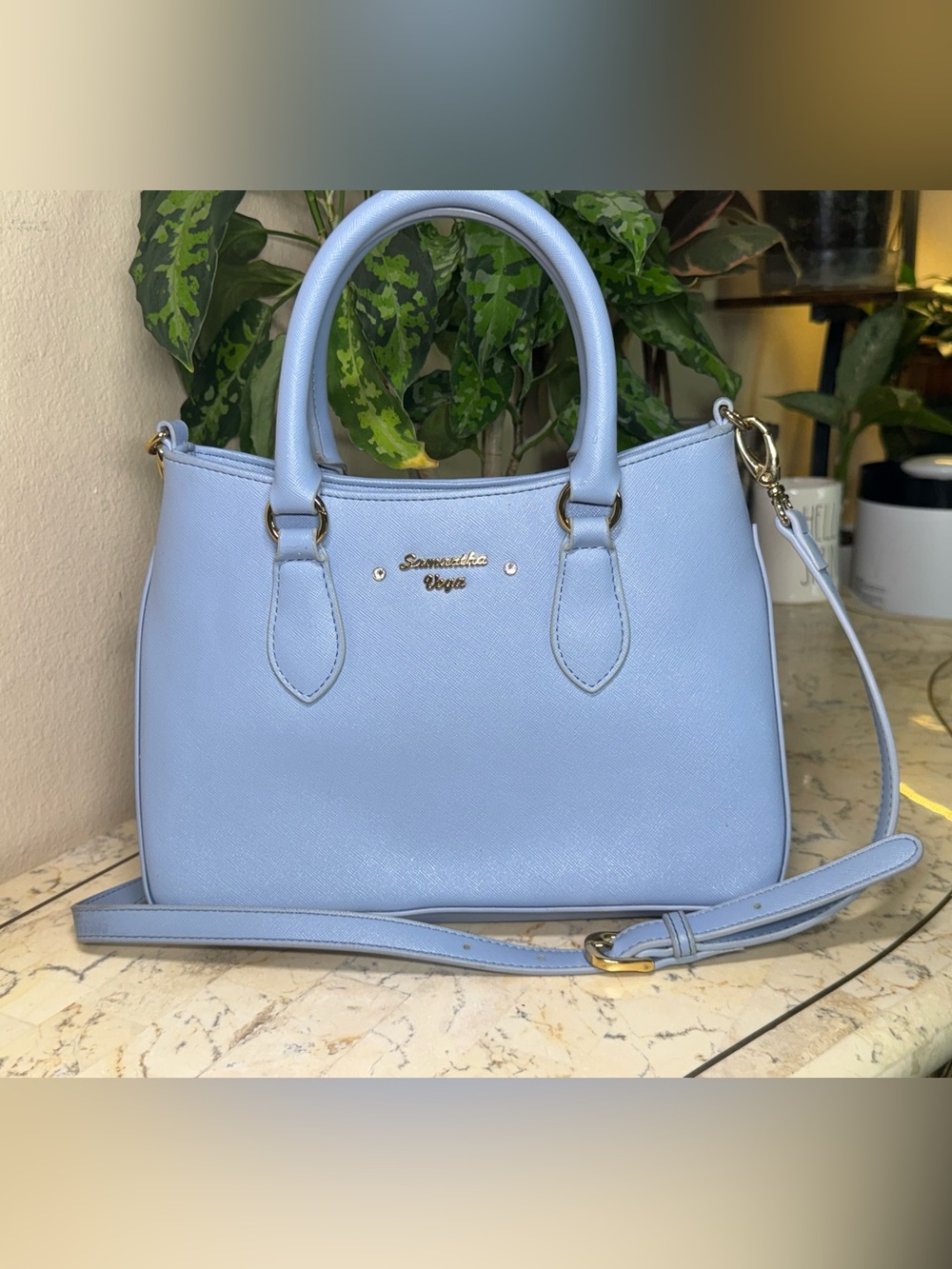 Samantha Vega Pastel Blue Leather Satchel with Detachable Strap